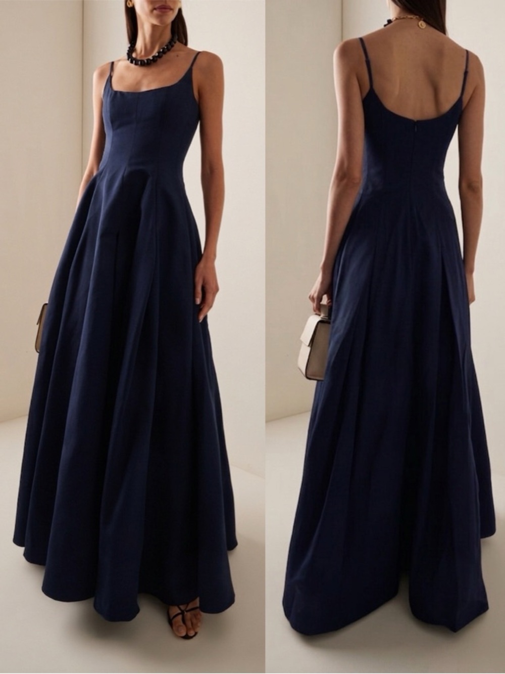 STAUD Joy Cotton Blend Gown Maxi Dress Navy Blue Side Pockets NEW with tag